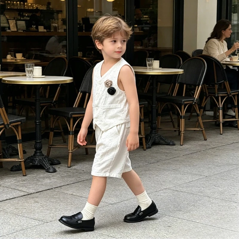 Kids Boys 2Pcs Summer Outfit Set White Sleeveless Vest + Loose Shorts with Flower Brooch Casual Formal Party Beach Holiday Wear