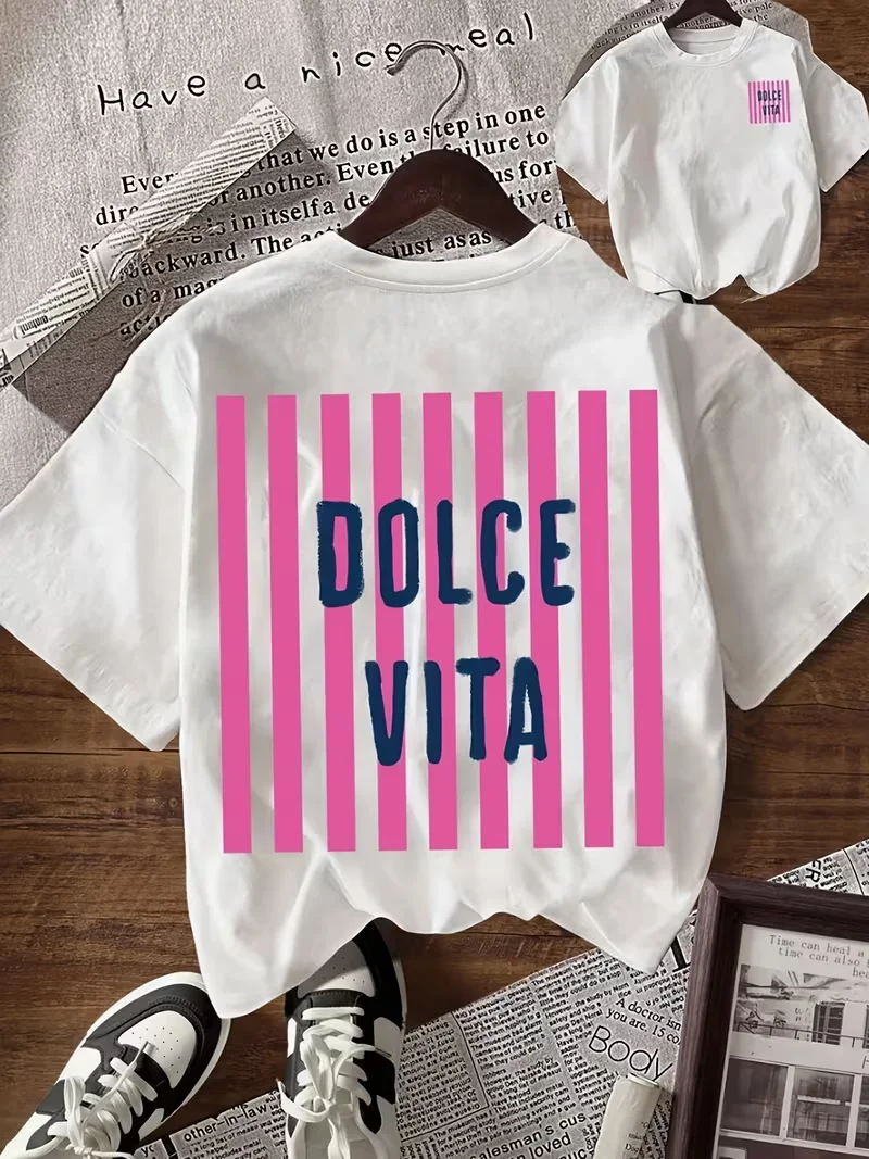 Dolce Vita Striped Graphic Print Women's T-Shirt, Casual Short Sleeve Crew Neck Top, Trendy Italian Slogan Summer Streetwear Tee