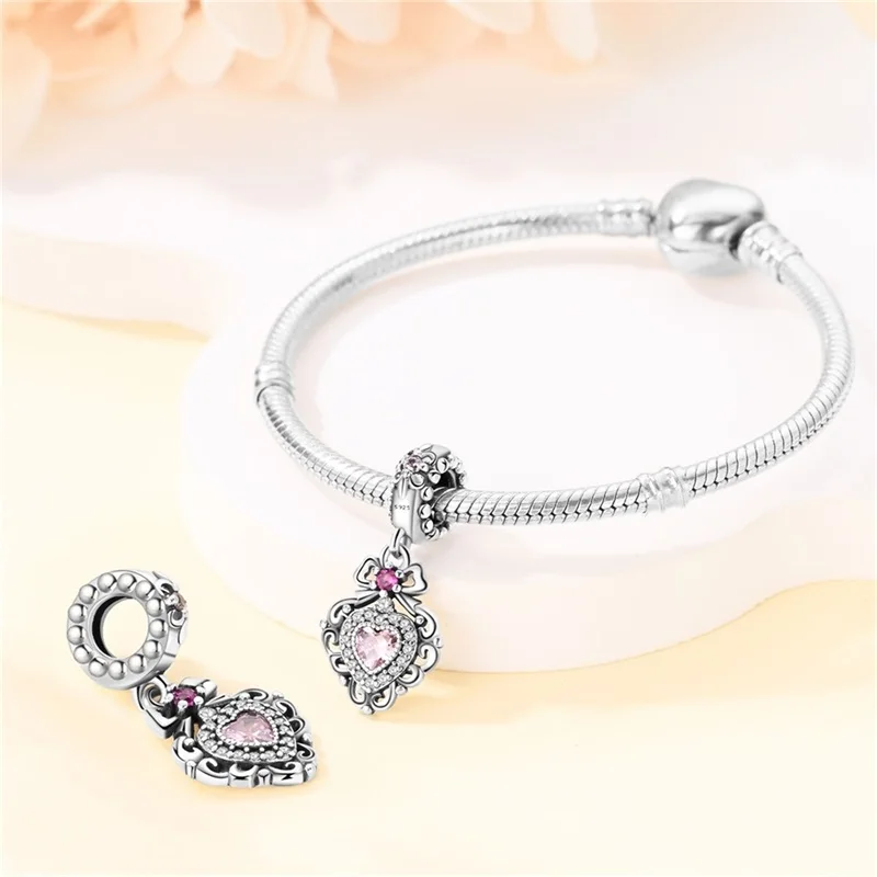 Klassieke Verzilverde Lotus Beschermengel Hartvormige Zirkoon Bedels Kralen Passen Pandora 925 Originele Armbanden Diy Sieraden Geschenken