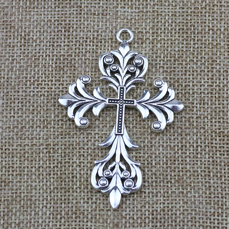 2 Pieces/Lot 44*68mm Antique Sliver Color Cross Ornament Delicate Charms For Jewelry Making Contracted StyleFashion Accessories