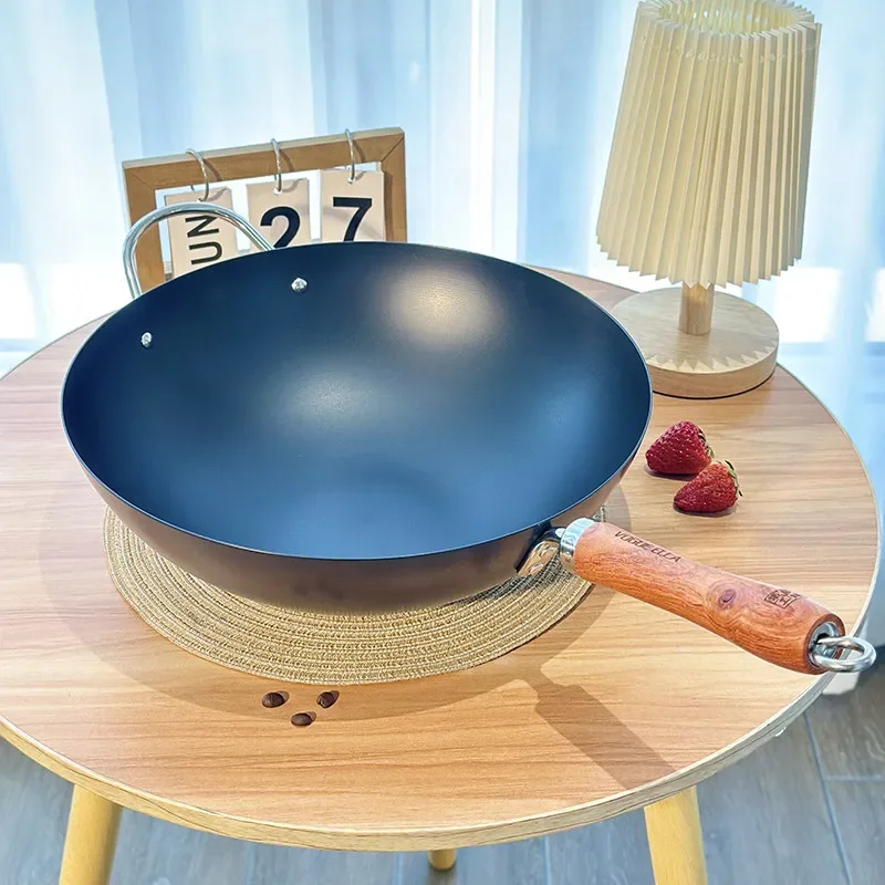 Jap style Iron Frying Pan,Long Handle Wok with Lid,Easy-Clean Wok for Home Cooking,Non-Stick Restaurant Kitchen cookware Use