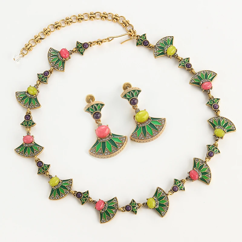 

Vintage Women Jewelry Sets Wedding Fan Enamel Necklace Bride Accessories Green Colorful Glass Gold Color Natural Stone 2025