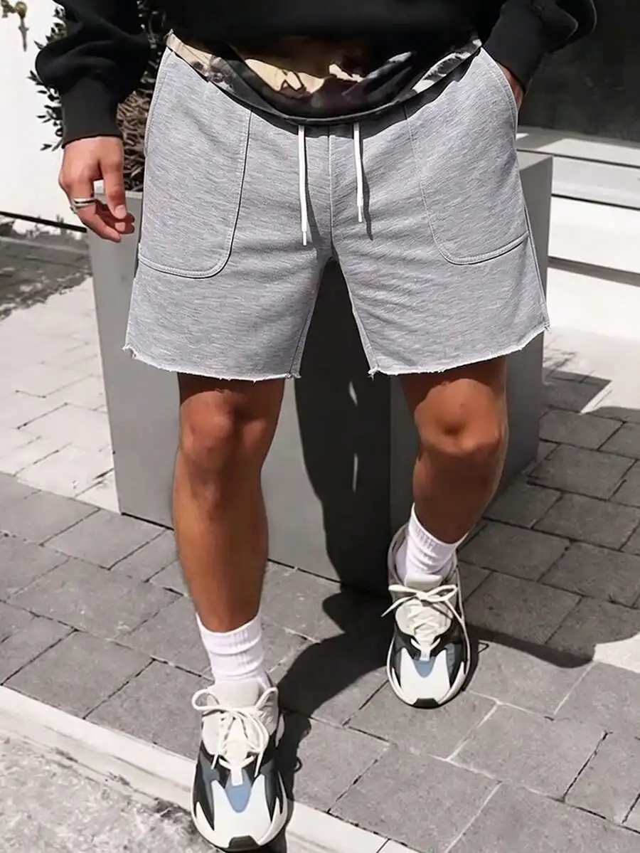 

Casual Men Loose Fit Plain Color Shorts Streetwear Drawstring Waist Shorts
