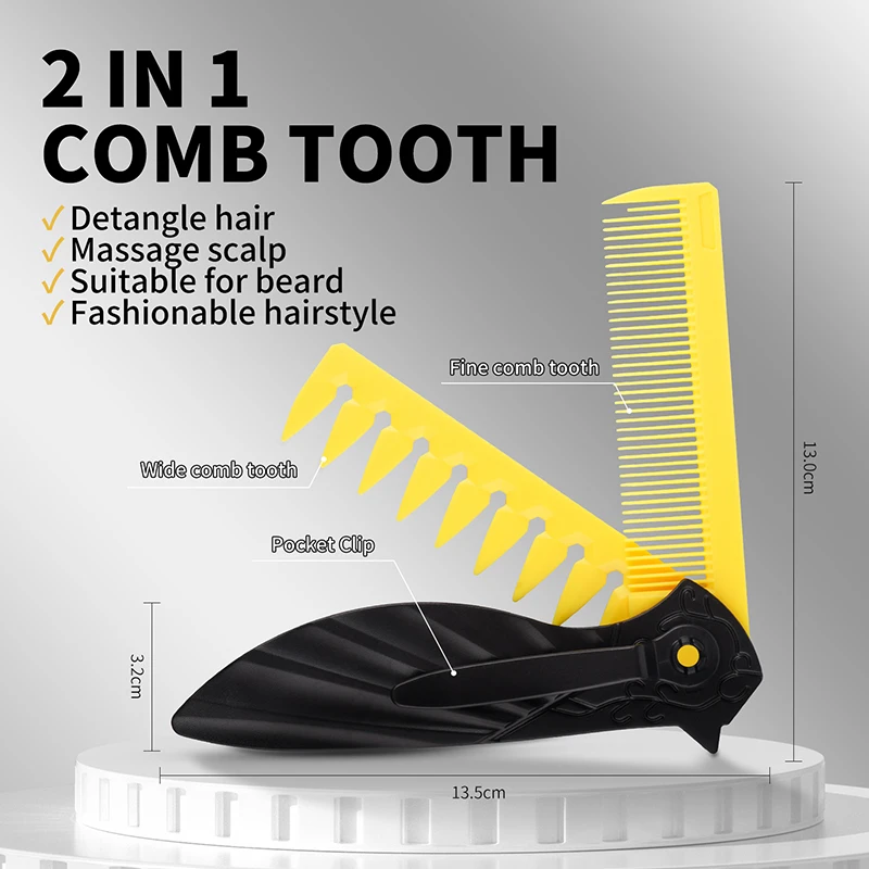 New 2 in 1 Pocket Folding Combs Plastic Wide Tooth Oil Head Comb Beard Combing Barber Hair Clipper Comb Salon Hair Styling Tools
