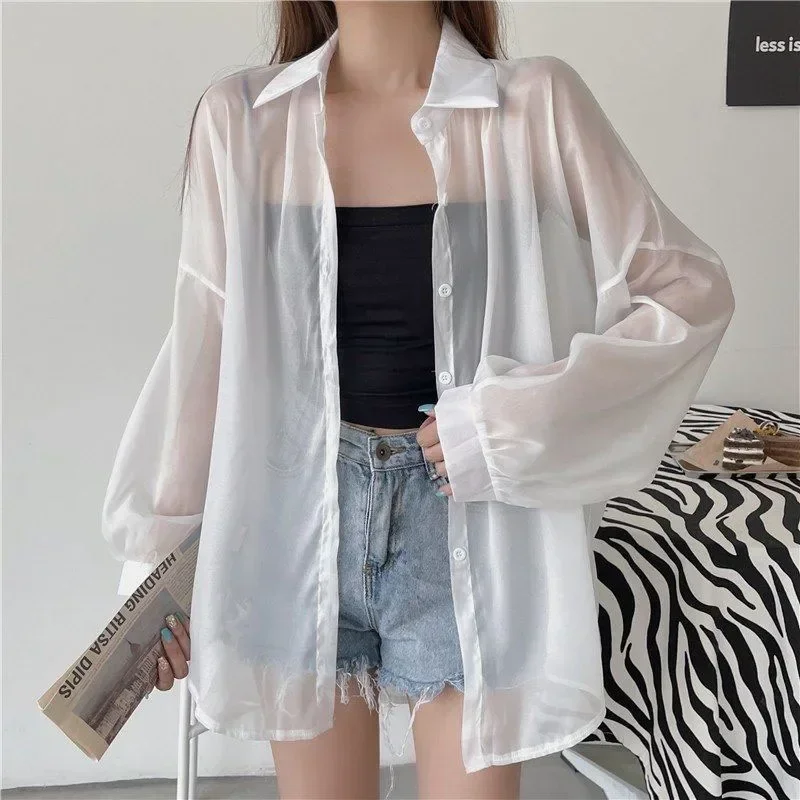 

Women's White Chiffon Shirt Sheer Thin Long Sleeve Sun Protection Blouse Woman Casual Loose Simple Single-breasted Shirts