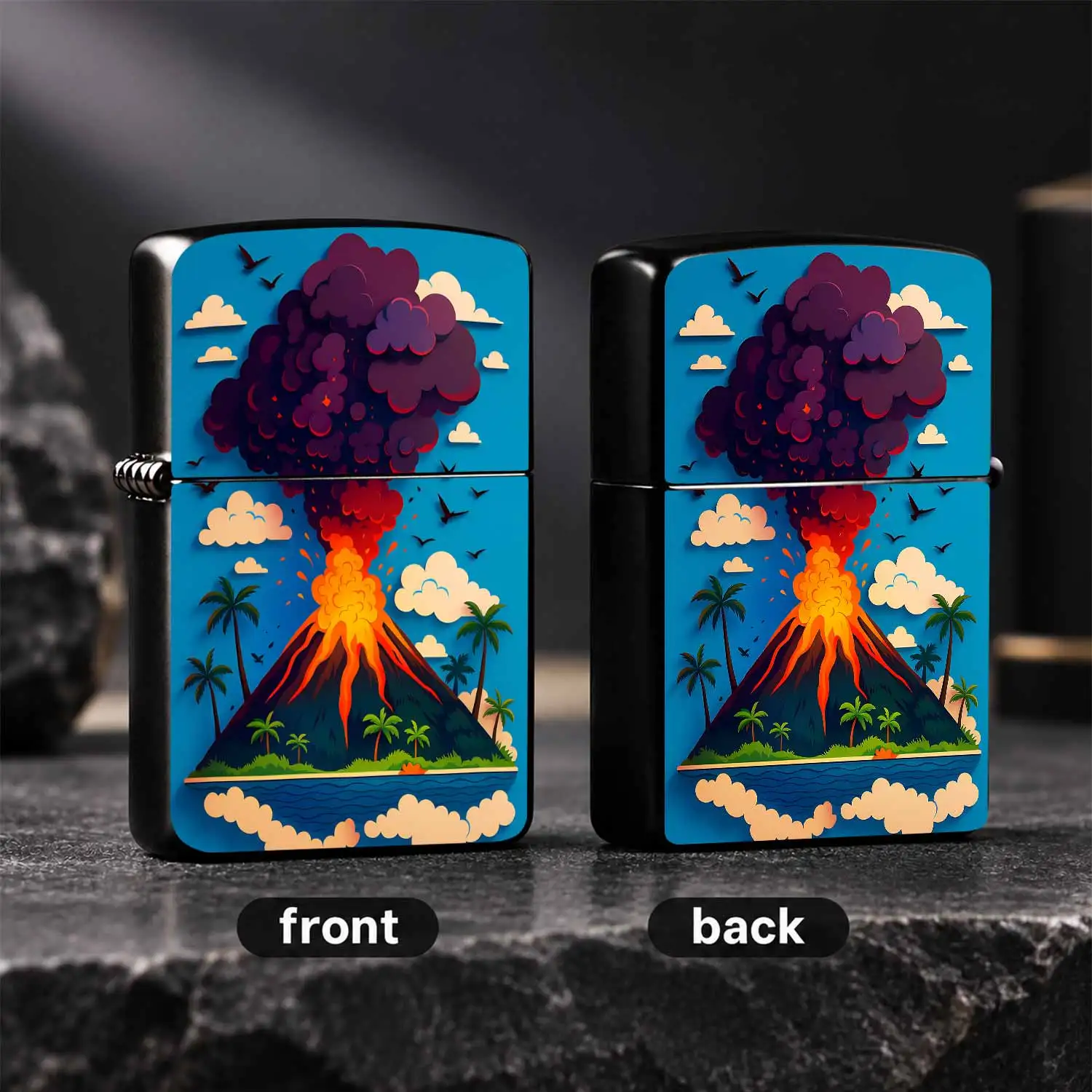 Creative Volcano Eruption Lighter, Exquisite Paper-Cut Style Tropical Island Pattern, Portable Decorative Accessory For Daily Outdoor Use, Unique Artistic Gift For Friends And Hobbyists, Applicable For All Scenarios Interesting And Humorous