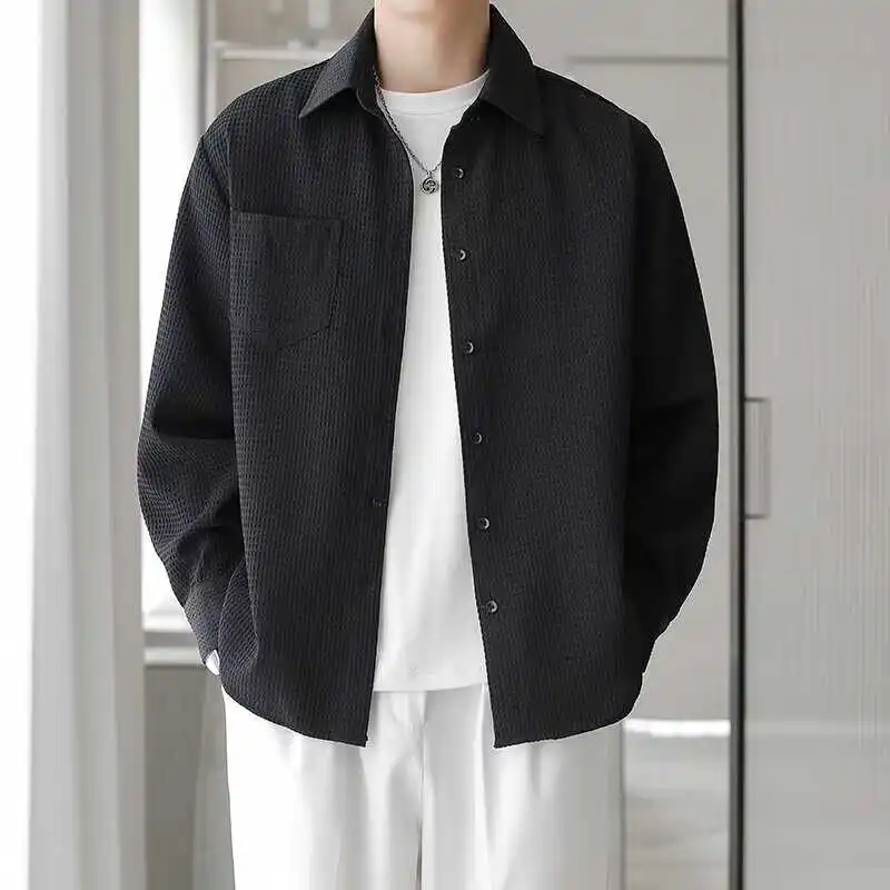 Men's Long Sleeve Texture Shirt Casual White Simple Design Heavyweight Spring Autumn Polyester Fiber No Ironing Required