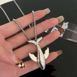 Stainless Steel Silver Color Whale Pendant Necklace for Men Women Fashion Metal Smooth Small Whale Long Sweater Chain