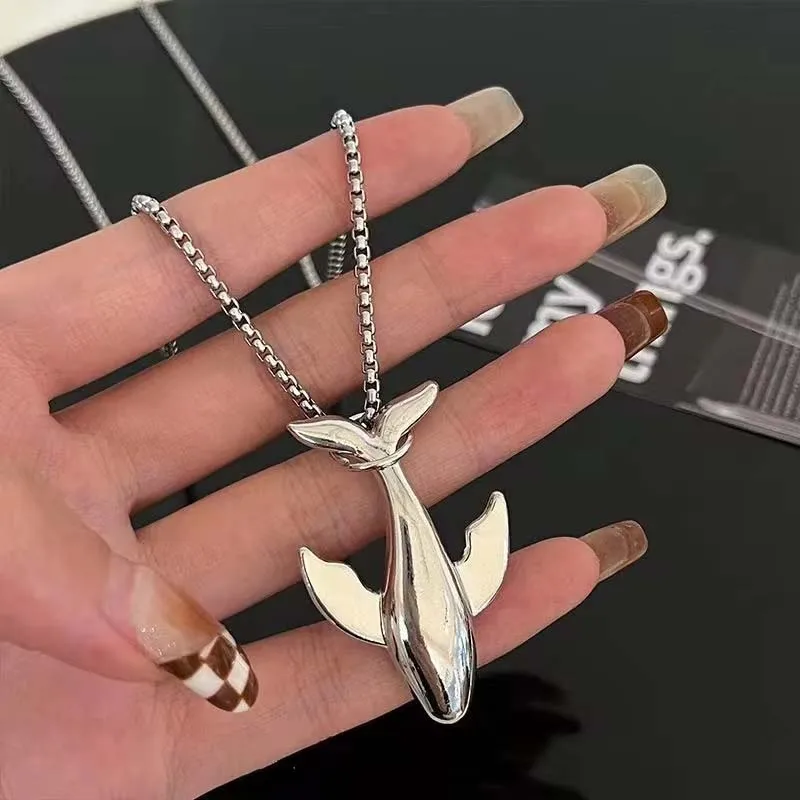 Stainless Steel Silver Color Whale Pendant Necklace for Men Women Fashion Metal Smooth Small Whale Long Sweater Chain