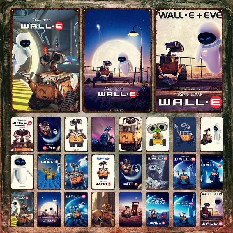 Disney Walle Tin Signs Cleaning Robot Wall-E Falls In Love with Robot Eva Cartoon Plaque Wall Stickers Plate for Kids Room Decor