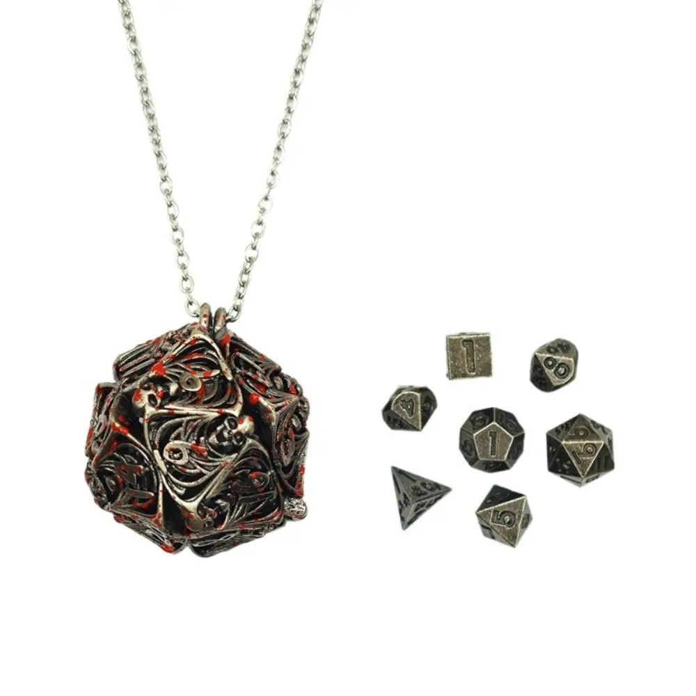 7pcs/Set 20-sided Hollow Metal Dice Necklace TRPG DND Hollow Metal Dice Torque Portable Mini Polyhedral Dice Necklace Board Game