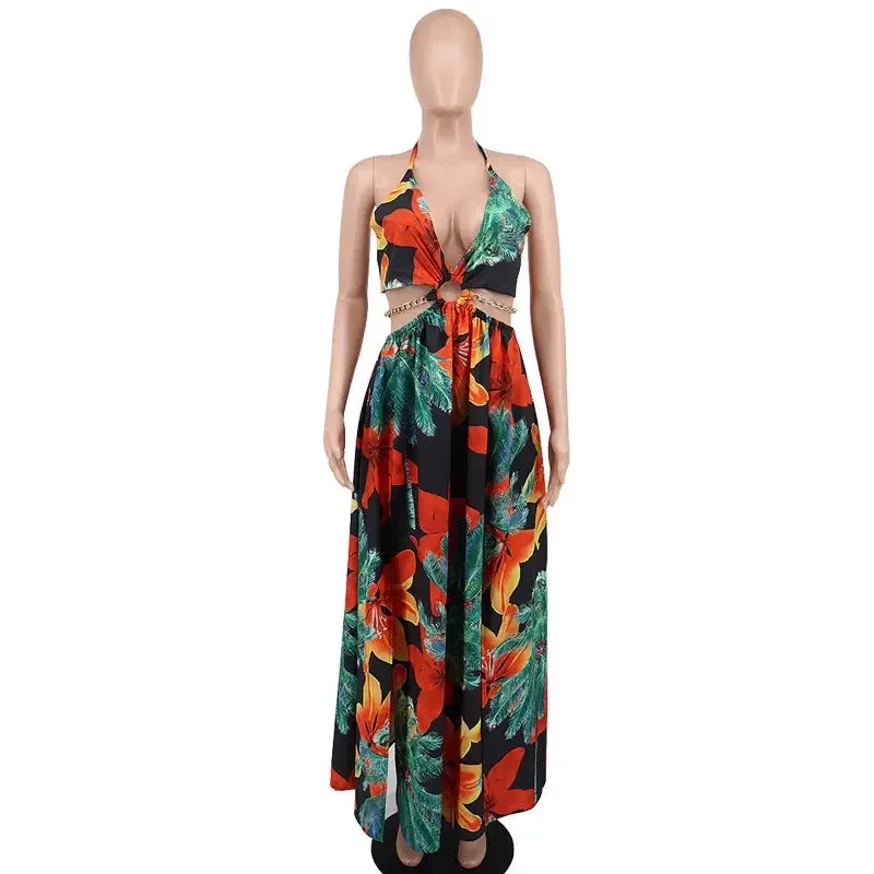 Floral Print Maxi Dress For Women Stylish French Halterneck Summer Dress Mid Length Camisole Dress Elegant High Split Dress
