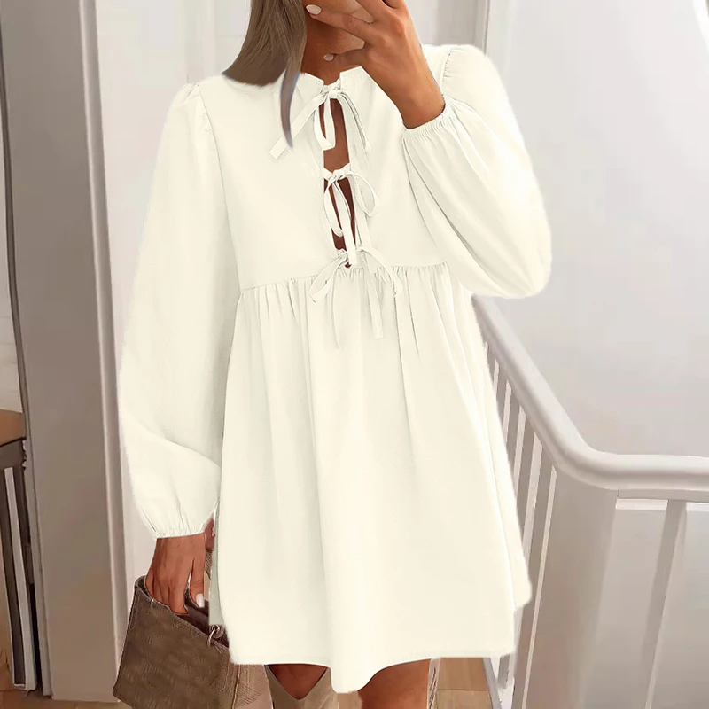 2024 Elegant Long Sleeve Autumn New In Dresses For Women Bow Design Loose Short Dress Women A-Line Party Mini Dress Vestidos