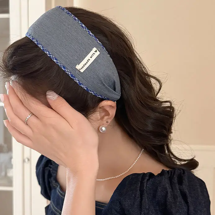 

Retro denim wide edge headband for women in spring, pressed hair, face wash, anti slip, high skull top, new style of headwear
