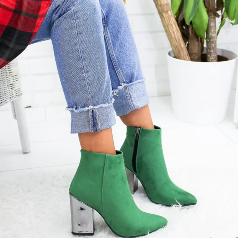 

Women Shoes Ankle Pumps Flock Toe Boots Solid Autumn Spring Nice New High-heeled Shoes Botas Mujer Dropship