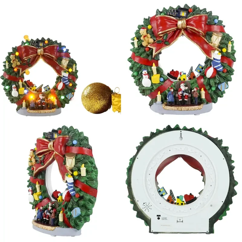 Christmas Wreath Music Box with Rotating Train Handicraft Ornament Holiday Decor Light Up Xmas Decoration Gift