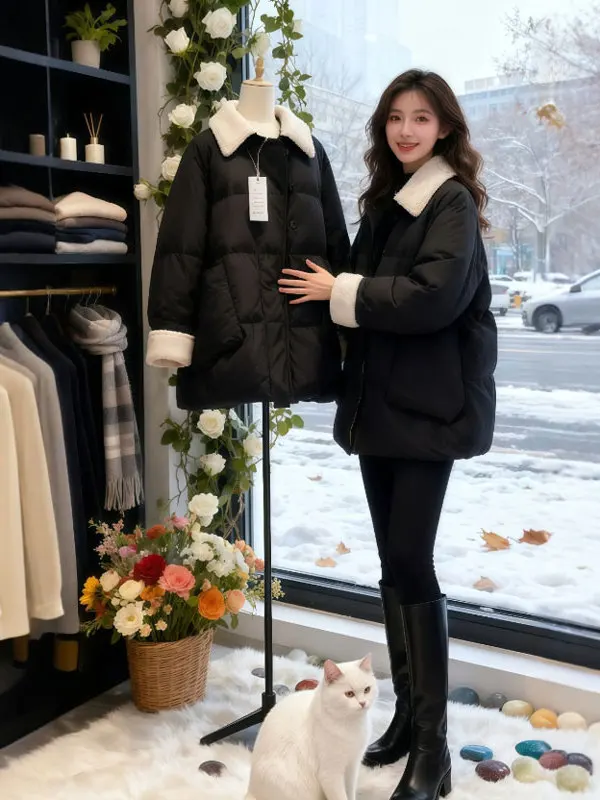 

Корейское модное зимнее пальто средней длины из хлопка с воротником, черное, в стиле SLE