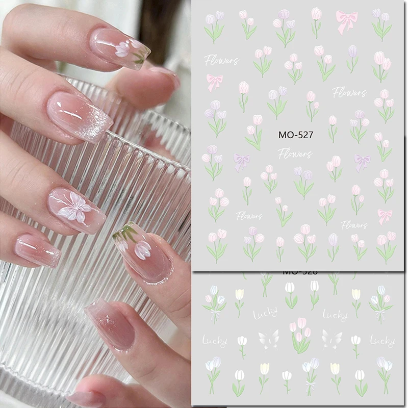 

5D Embossed Nail Art Decals Shelllight Purple Pink White Tulips Flowers Butterflys Nails Stickers Decorations For Manicure