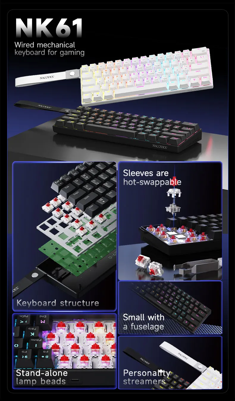 AJAZZ NK61 Kabelgebundene Mechanische Gaming-Tastatur, Unterstützt Vollständigen Hot-Swap, Geeignet für Büroarbeit und Gaming – Detail 2
