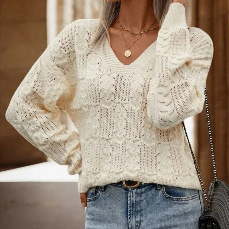 Suéter calado de punto de talla grande para mujer, suéteres finos de gran tamaño con cuello en V para primavera y otoño, moda holgada sencilla