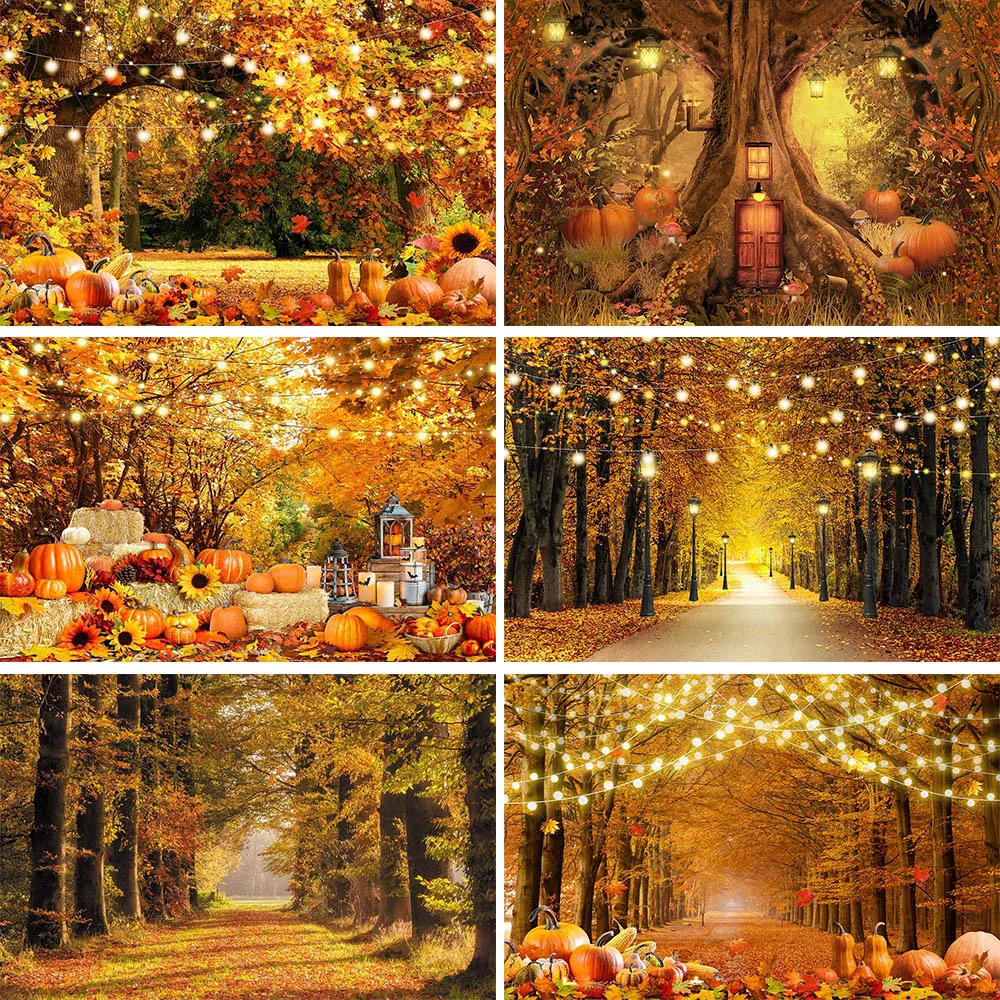 

Mocsicka Autumn Pumpkin Backdrops for Photography Maple Leaf Wooden Door Brick Wall Lights Wedding Photo Background Studio Props