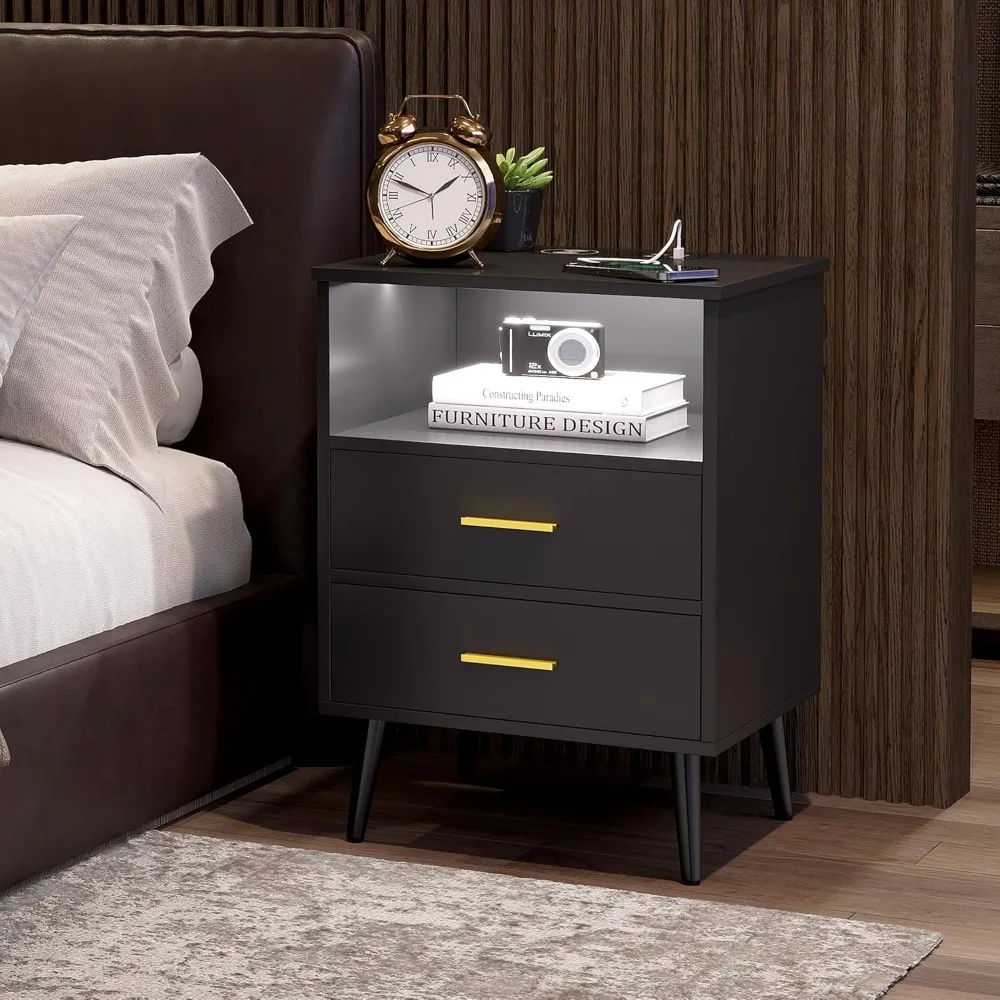 

Black LED Nightstand with Charging Station, Modern Bedside Table, End Side Table with 2 Drawers, Open Storage Shelf, Smart Nigh