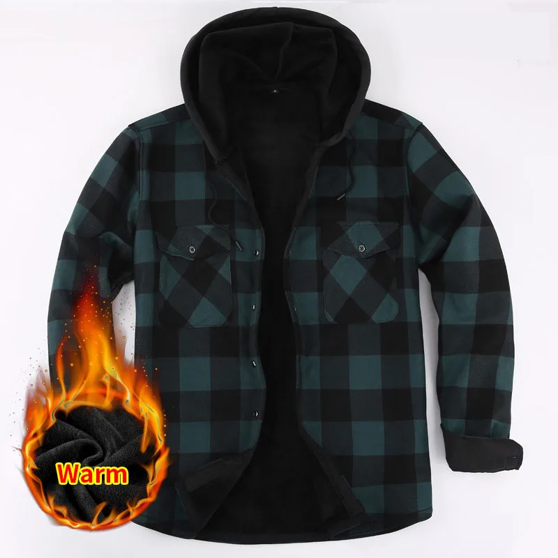 Hooded Winter Shirt Men Jackets and Coats Fashion Plaid Men's Plush Warm Long Sleeve Casual Shirts Male Hoodies Overcoat MY1010