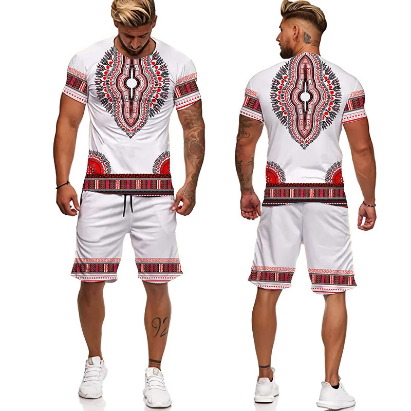 New Summer Men's Tracksuit Popular  Abstract Pattern  2 Pieces Round Neck Loose Breathable Set Contrasting Colors Suit