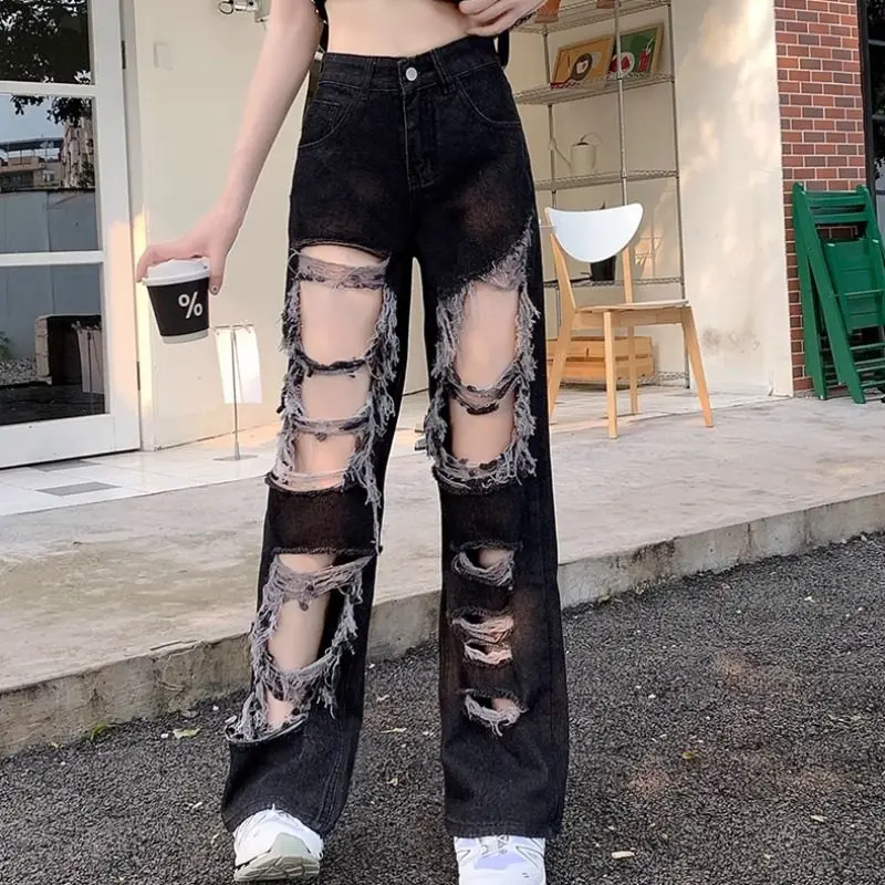 

Broken Hole Jeans for Women 2026 Summer New High Waisted Loose Straight Leg Denim Pants Vintage Casual Wide Leg Trousers
