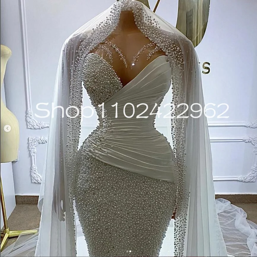 Modern Mermaid Wedding Dresses with Cape Veil Fully Pearl Beads Illusion Long Sleeve Gilter Aso Ebi Bridal Gown Black Girl