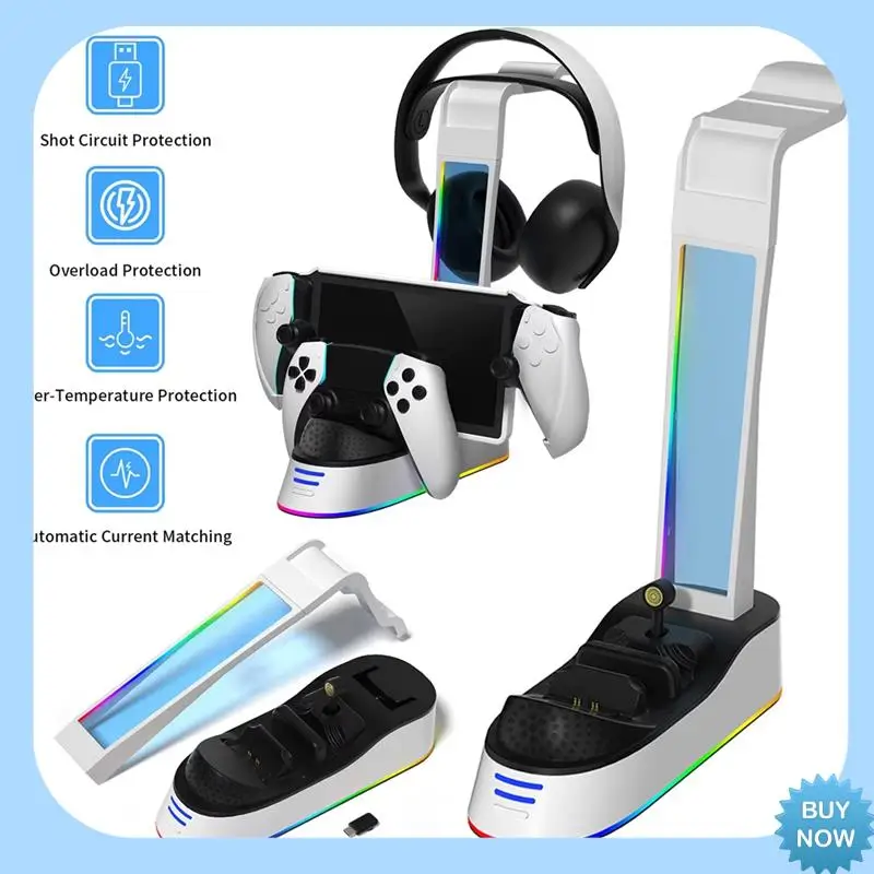 

A47Z Charging Base With Headset Holder For PS5 Controller Charging Stand RGB Light Charging Indicator For PS5 Portal Console