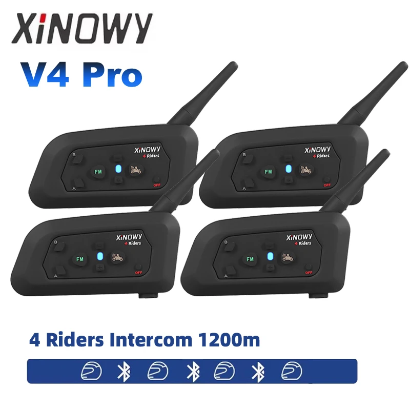 Xinowy V4 PRO Motorcycle Helmet Bluetooth Intercom Headset FM Radio IP65 Waterproof 4-Riders Communicate 1200M Noise Reduction