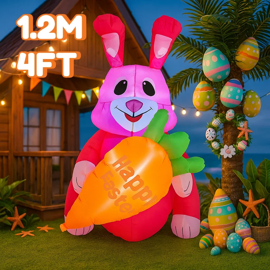 

4 фута счастливой Пасхи, уличные праздничные украшения, декор с розовым кроликом, встроенные светодиодные фонари, надувной реквизит, украшения, пасхальные надувные