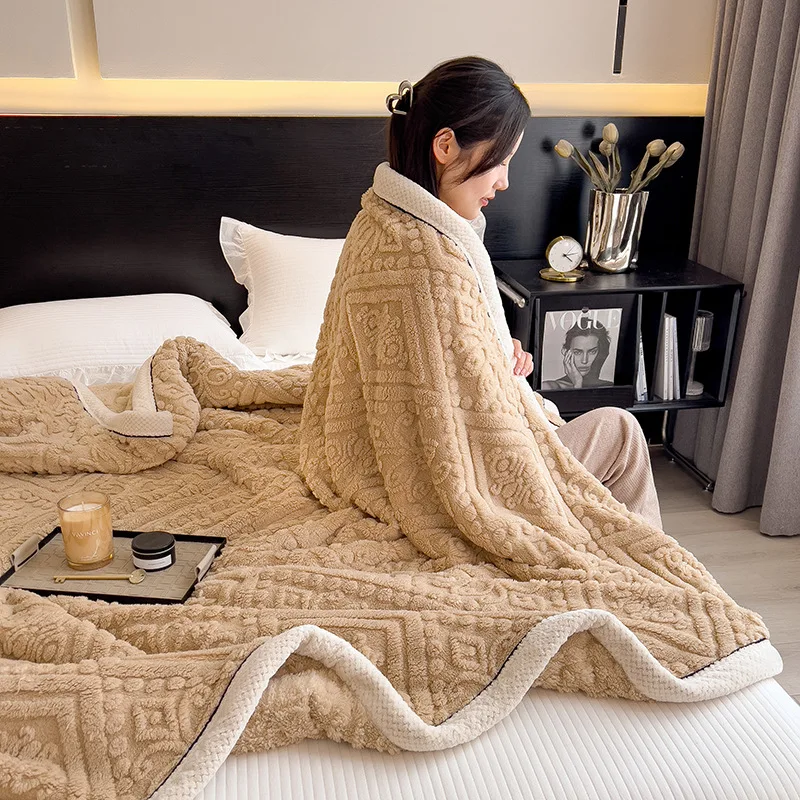 Class-A Soft Carved Velvet Blanket Coral Fleece Thickened Blanket for Autumn and Winter Multi Functional Sofa Cover for Napping