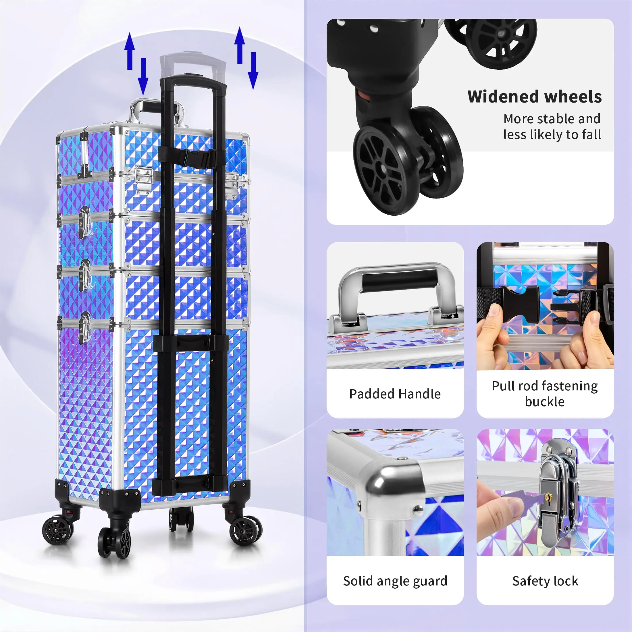 Rolling Makeup Train Case 4 in 1 Detachable Large Capacity Makeup Travel Case with Key Salon Barber Cases Traveling Cart Trunk