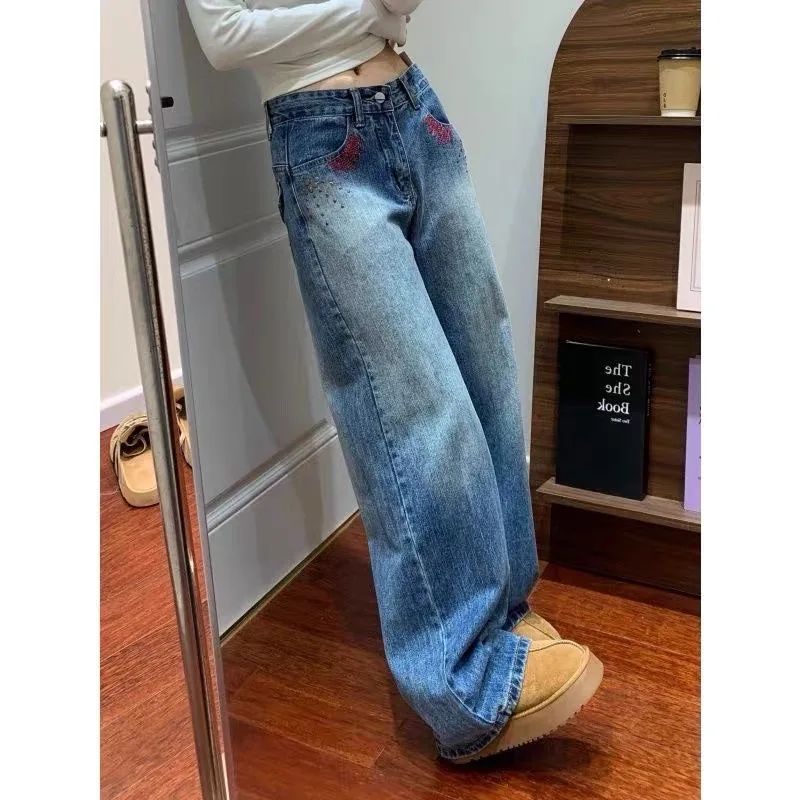 

Slim Straight Embroidered High Waist Denim Jeans Thin Summer American High Street Nail Pressed Wide Leg Floor-Length Pants