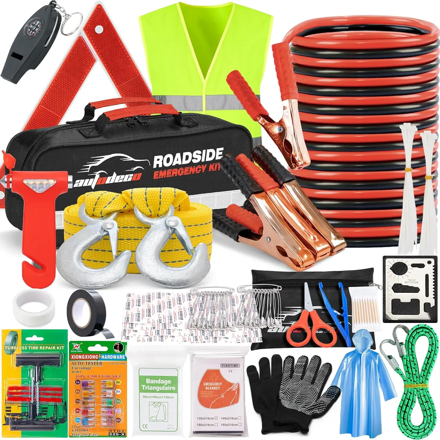 

Premium Car Roadside Emergency Kit with Jumper Cables, Tow Strap, Essential Tools for Safety
