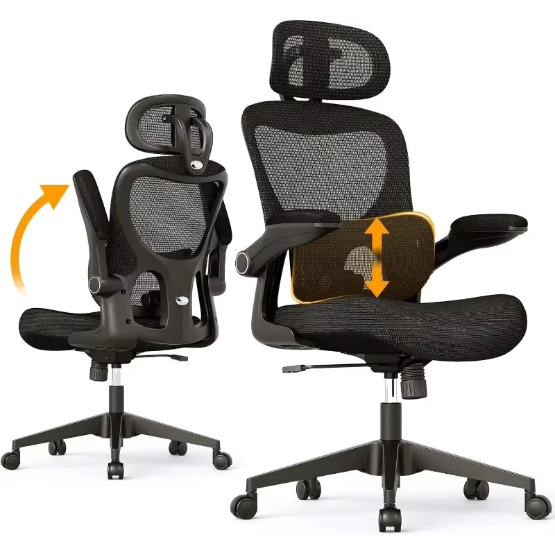 

SUNNOW Black Ergonomic Mesh Office Chair Computer Gaming Chairs with Adjustable Lumbar Support, Flip-Up Armrests, Headrest