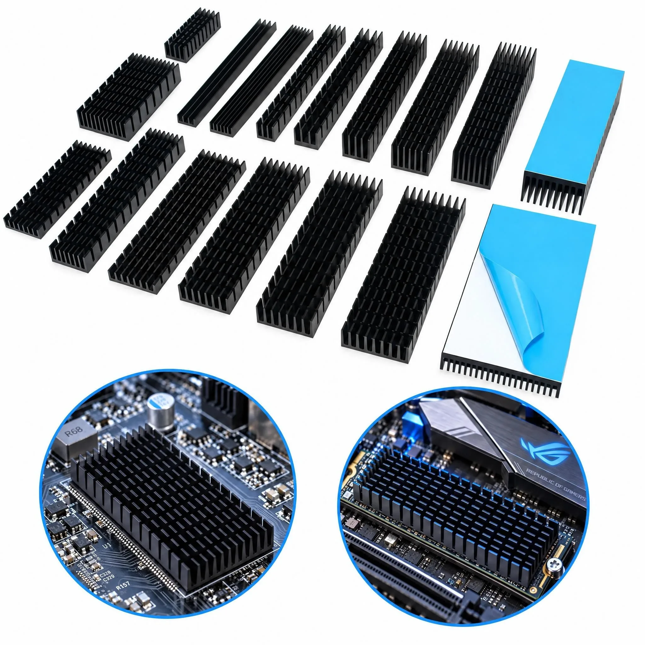 Aluminum Heatsink Black Anodized With Thermal Conductive Tape for Electronic RAM SSD Chip Cooling