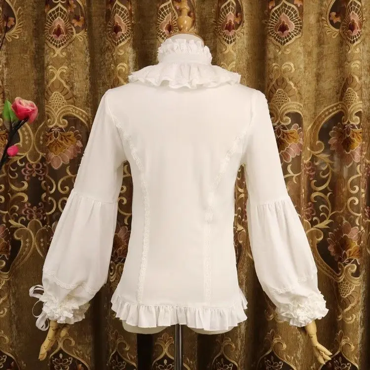 Gothic Lolita Blouses Vrouwen Zoete Elegante Kanten Ruches Coltrui Slanke Shirts Japanse Herfst Lange Mouw Tops