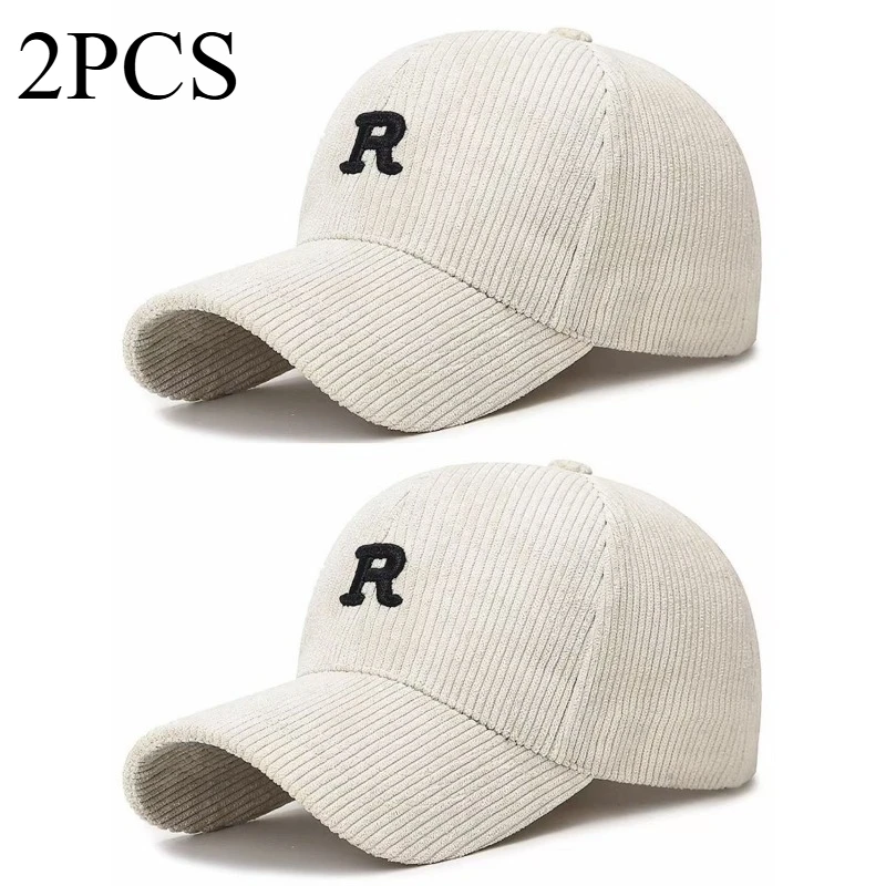 

2PCS autumn and winter corduroy R letter versatile face enhancing small couple baseball cap Korean version trend