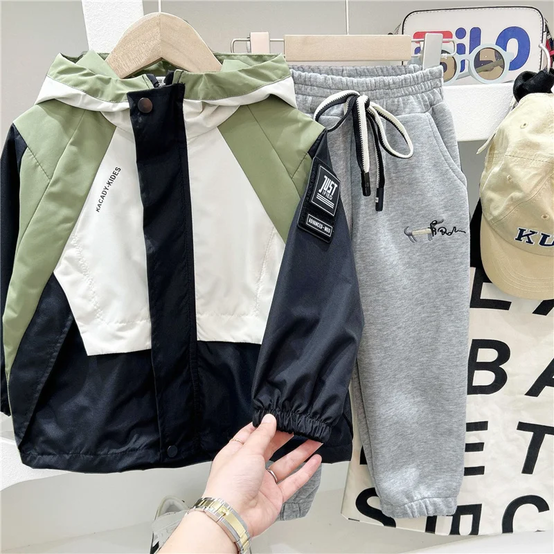 New colorblocked Trench Jacket Autumn Boys Hooded Windbreaker Coat Spring Children Clothes Kids Casual Zipper Workwear Outerwear
