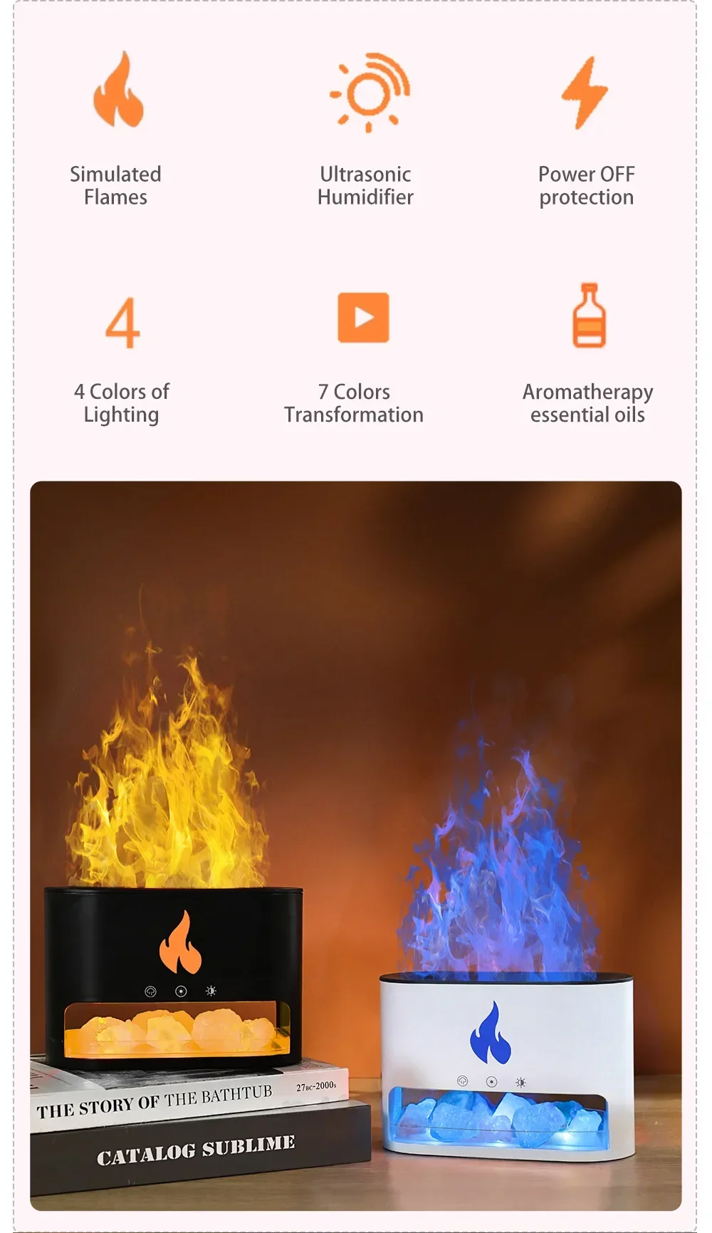 7 Farben Flammen aroma Vulkan Luftbe feuchter ätherisches Öl Diffusor für zu Hause neue Kamin Luftbe feuchter Kristall Salz Stein Feuer Lampe – Detail 3