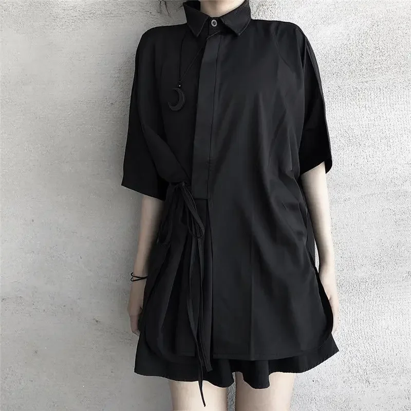 

Schoolgirl Versatile Outerwear Shirt Summer New Dark Japanese Straps Loose Wearing Short-sleeved Shirt Top Trendy