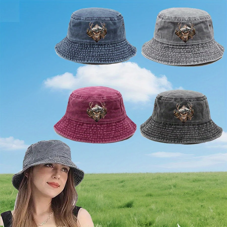 Men's Extra-wide Brim Washed Fisherman Hat, Summer Wide-brim Breathable Fisherman Hat, Featuring a Moose Print, Available in Mul