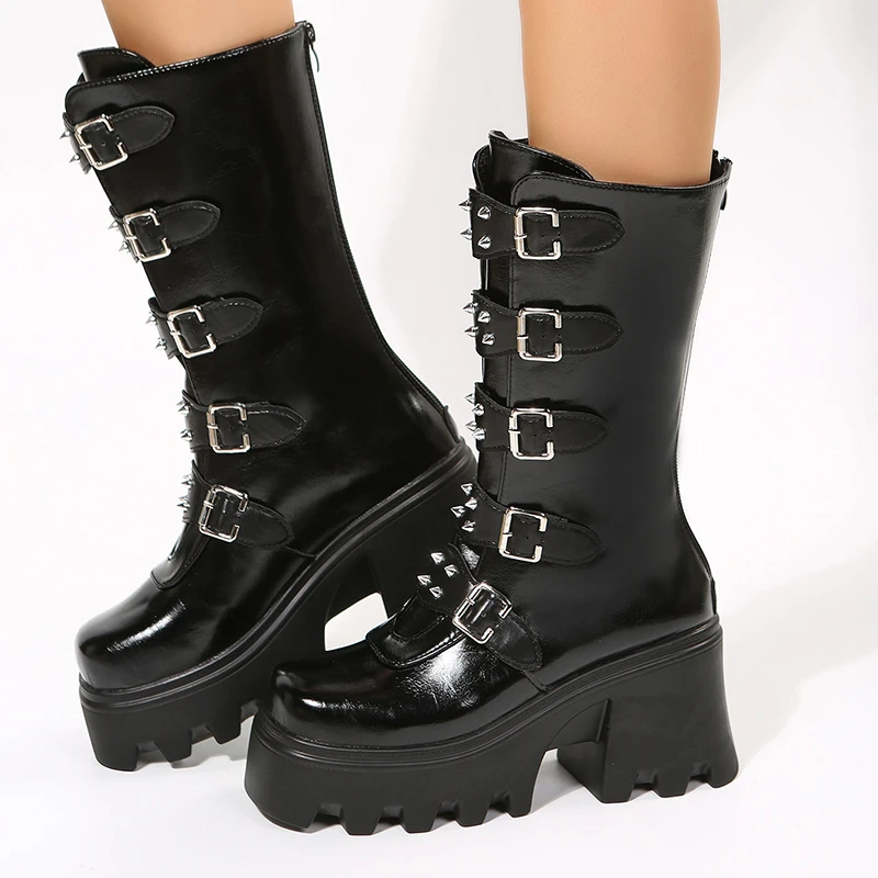 Novo outono feminino grosso meados de bezerro botas cabeça redonda rebite fivela de cinto sola grossa anti-deslizamento resistente ao desgaste botas de salto alto