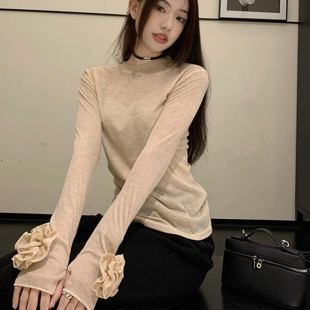 2024 Spring New 3d Flower Long Sleeve T-shirts Women Fashion Slim Bottoming Shirt Lady Sexy Office Tops High Street Female Tees