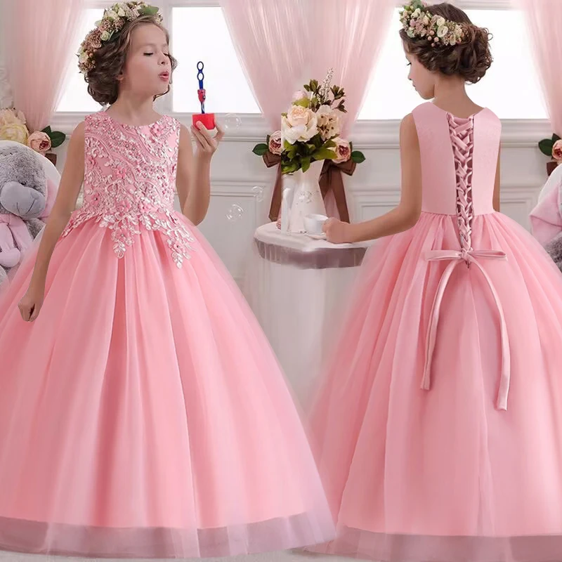 

Tulle beauty pageant party dress for 4-12 years old elegant wedding flower girl dress with exotic lace straps Long girl's dress