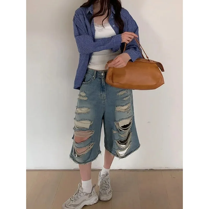 

Denim Shorts Female Jeans American High Street Distressed Seven Tenths Loose Wide Leg Midi Trendy Spring Summer New
