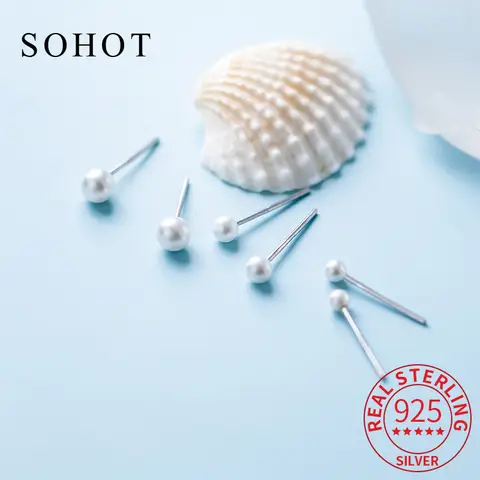 여성을위한 진짜 925 스털링 실버 2.5/3/4MM 진주 라운드 스터드 귀걸이 클래식 파인 쥬얼리 미니멀리스트 기하학 액세서리